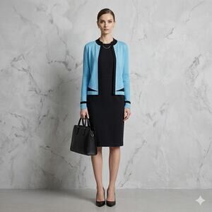 Ming Wang Blue & Black Studded White Dots Knit Jacket Size Small Cardigan